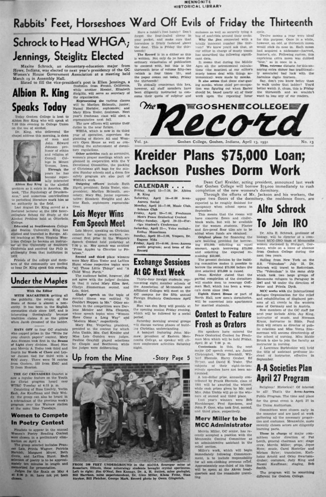 The Goshen College Record - Vol. 52 No. 13 (April 13, 1951) Thumbnail
