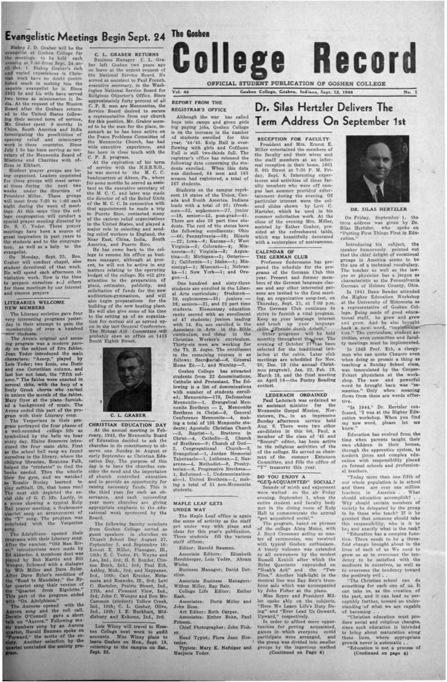 The Goshen College Record - Vol. 46 No. 1 (September 12, 1944) 缩略图