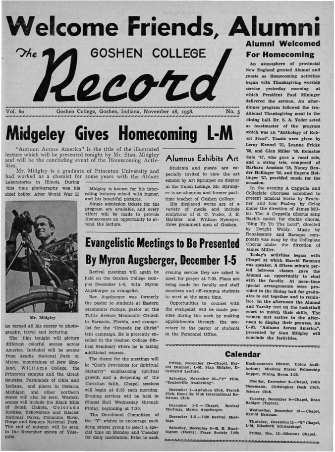 The Goshen College Record - Vol. 60 No. 5 (November 28, 1958) Thumbnail