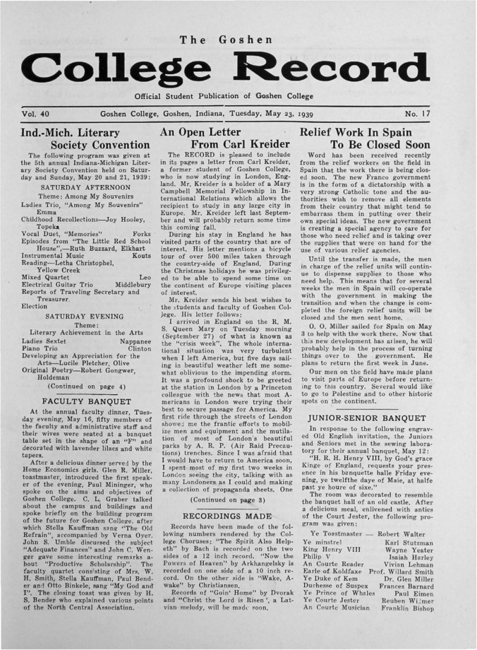 The Goshen College Record - Vol. 40 No. 17 (May 23, 1939) Thumbnail