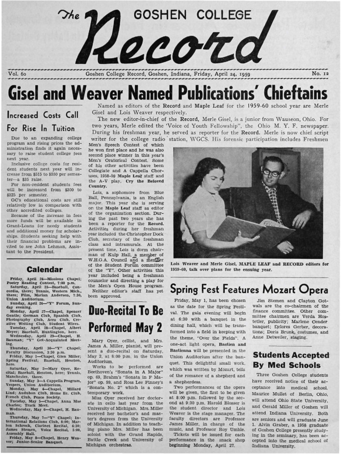 The Goshen College Record - Vol. 60 No. 12 (April 24, 1959) Thumbnail