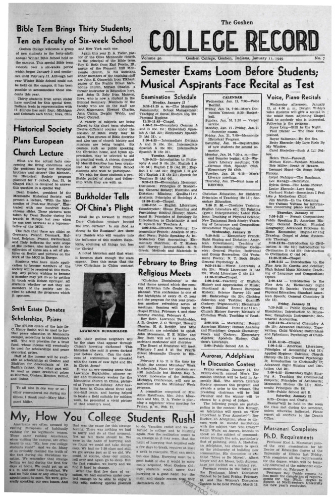 The Goshen College Record - Vol. 50 No. 7 (January 11, 1949) Thumbnail