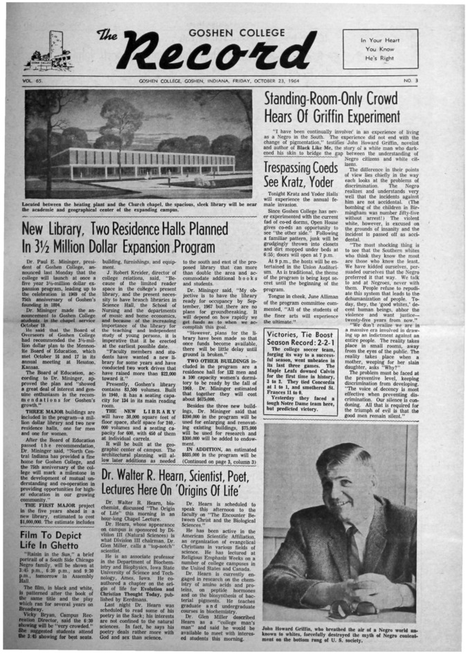The Goshen College Record - Vol. 65 No. 3 (October 23, 1964) Thumbnail