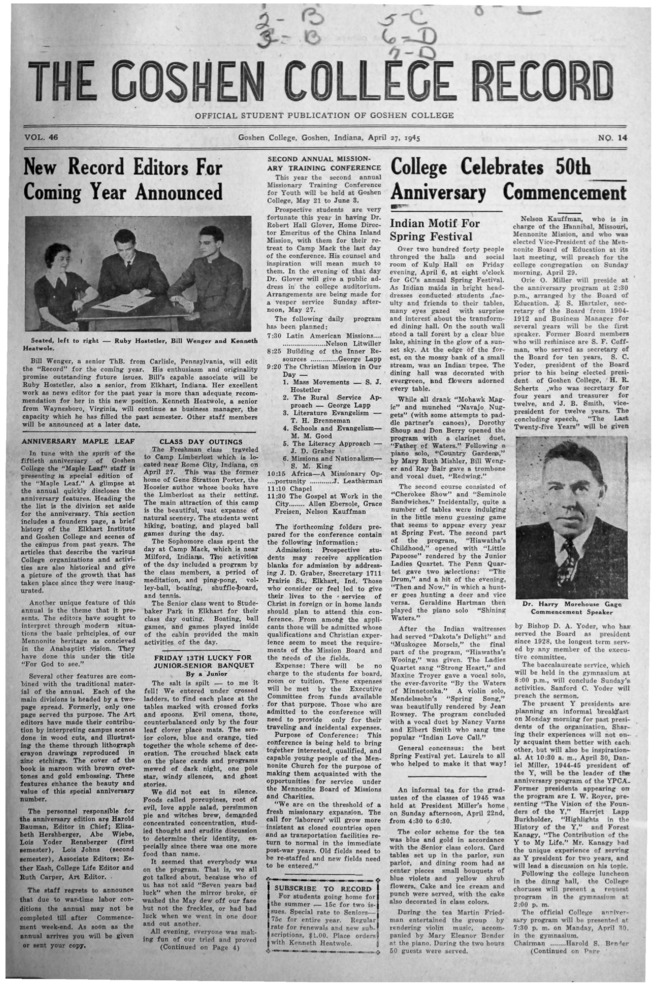 The Goshen College Record - Vol. 46 No. 14 (April 27, 1945) Thumbnail