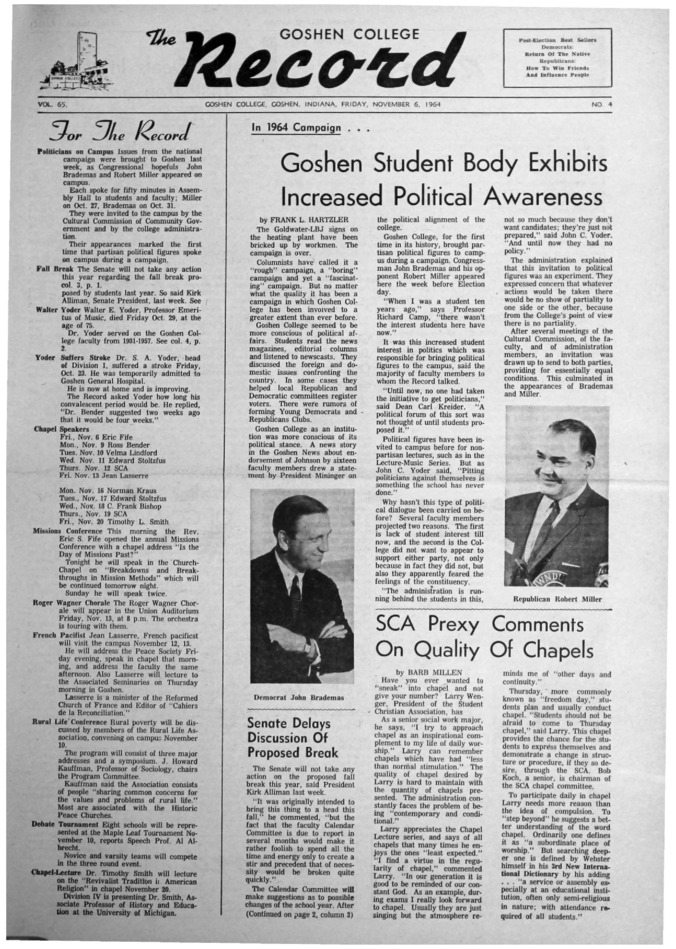 The Goshen College Record - Vol. 65 No. 4 (November 6, 1964) Thumbnail