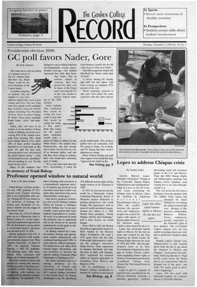 The Goshen College Record - Vol. 102 No. 7 (November 2, 2000) Thumbnail