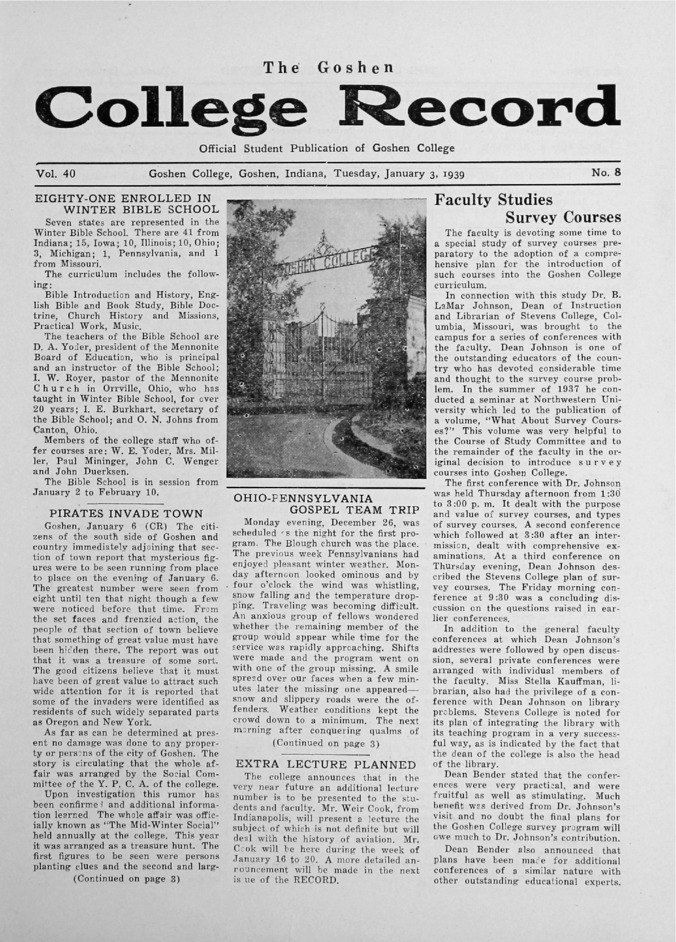 The Goshen College Record - Vol. 40 No. 8 (January 3, 1939) Thumbnail