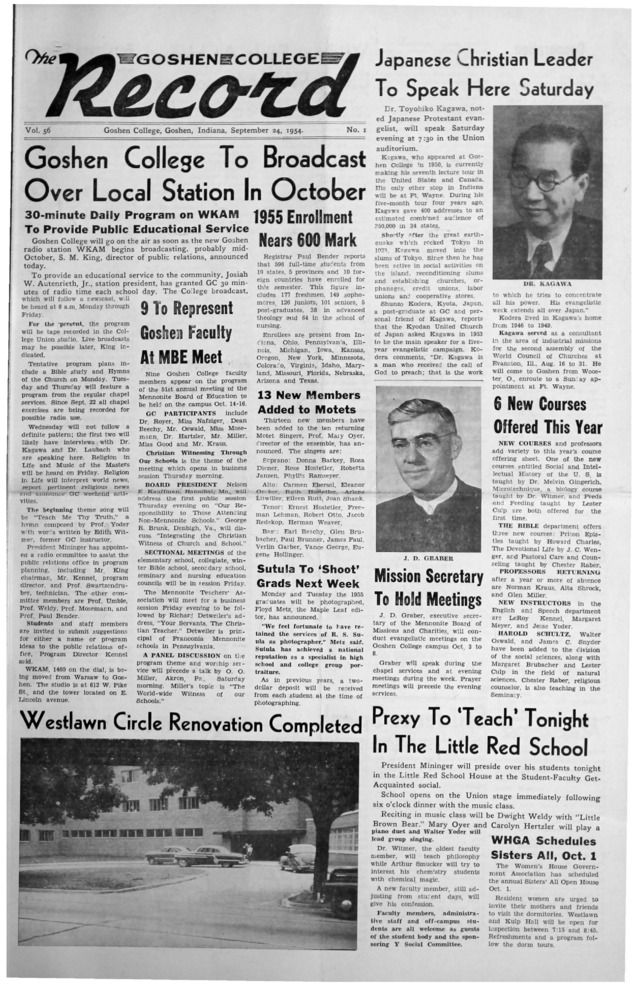 The Goshen College Record - Vol. 56 No. 1 (September 24, 1954) Thumbnail
