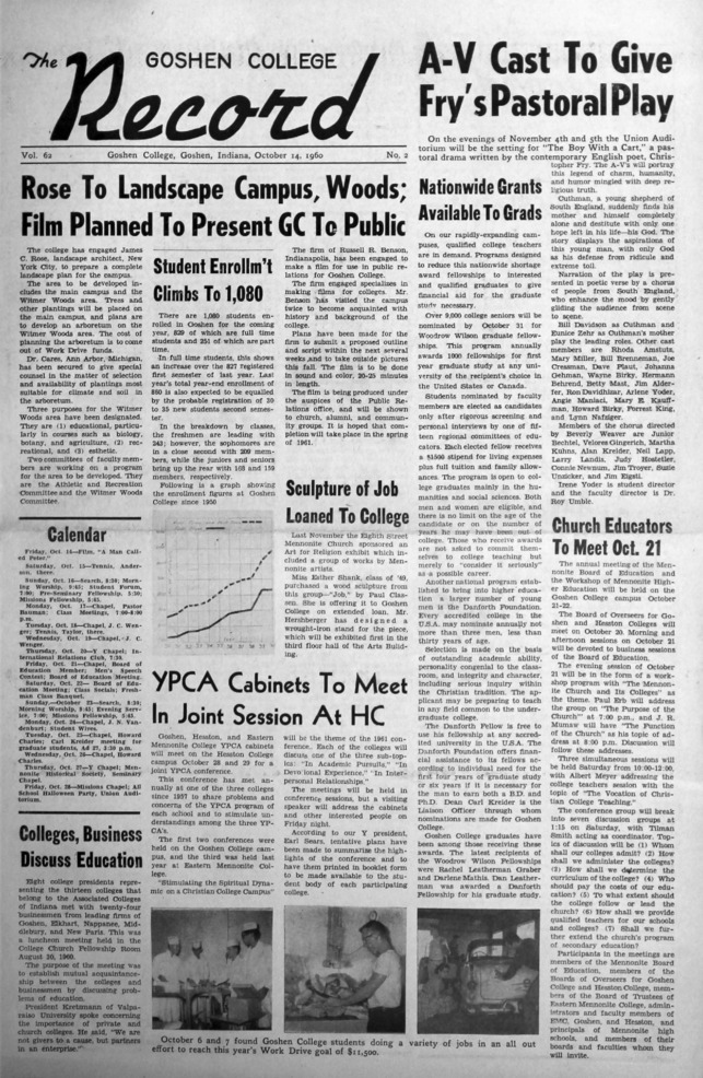 The Goshen College Record - Vol. 62 No. 2 (October 14, 1960) Thumbnail
