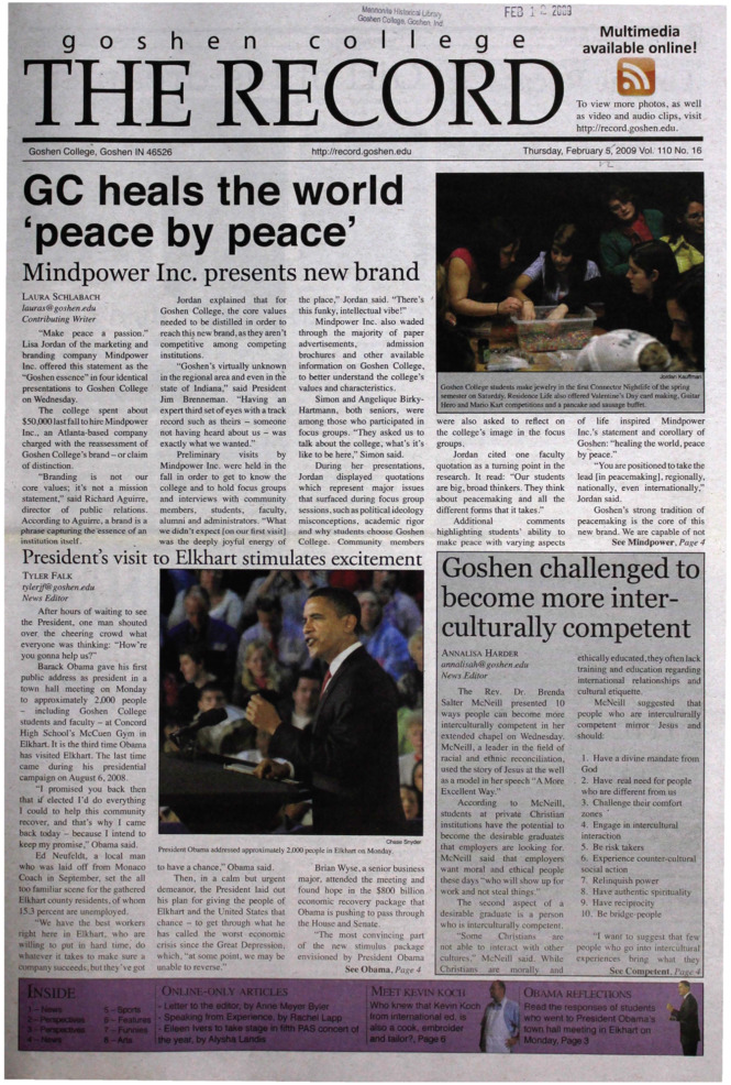 The Goshen College Record - Vol. 110 No. 16 (February 12, 2009) Thumbnail
