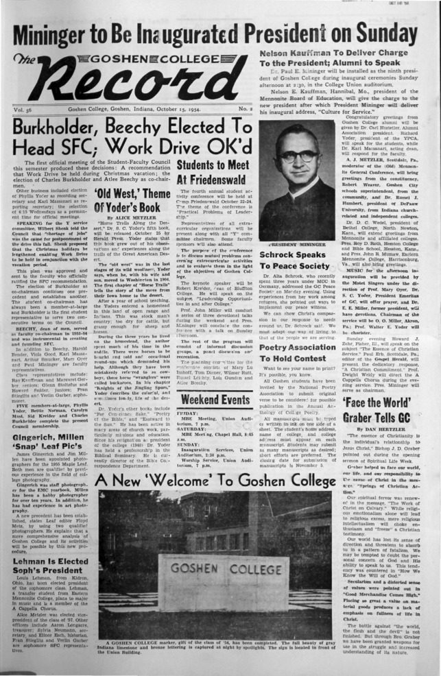The Goshen College Record - Vol. 56 No. 2 (October 15, 1954) Thumbnail